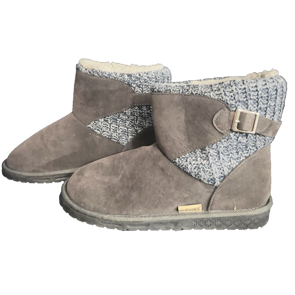 Muk Luks Essentials Women's Ankle Boots Gray Blue Knit Cuff Winter Cozy Suede 11